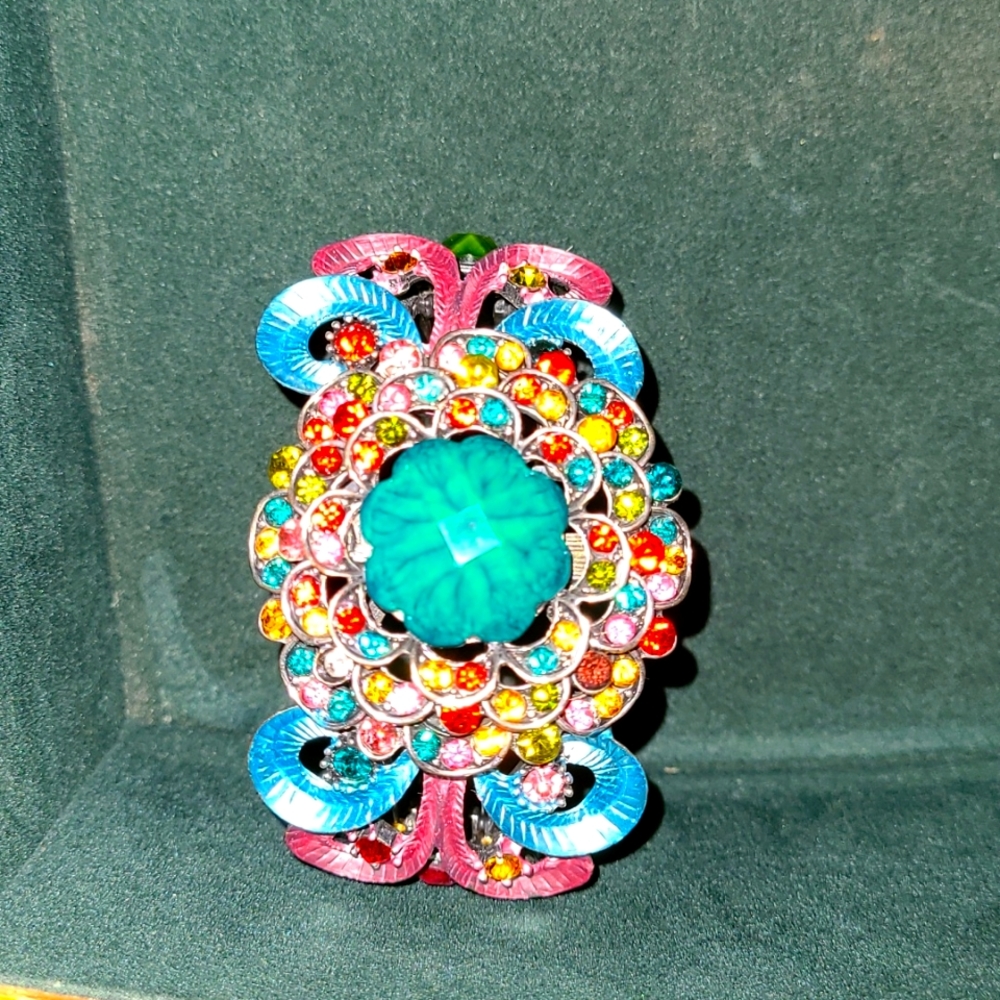 VTG Mardi Gras Mermaid SDLZ Cuff Bracelet Art Deco Floral Rainbow Wrist Clamper - Picture 2 of 12